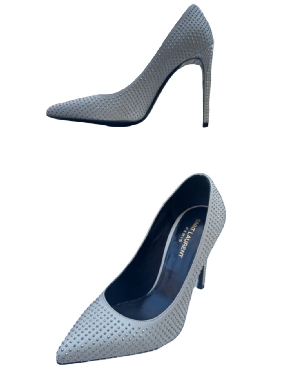 YSL SAINT LAURENT Metallic Studded High Heels Pumps Silver White 38